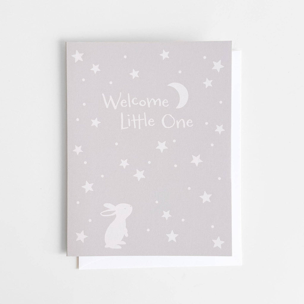 Greeting Card Welcome Little One Bunny Moon Stars Baby