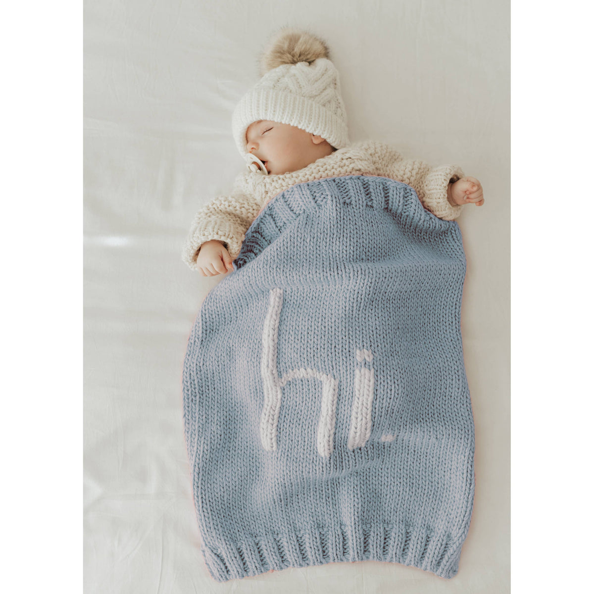 Hi. Hand Knit Baby Blanket Surf Blue
