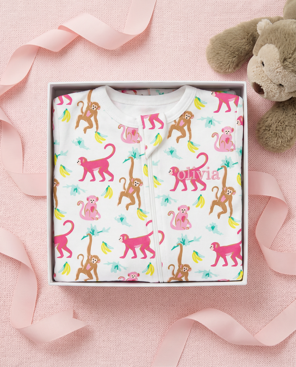 The Organic Zipper Footie [Monkeying Around Pink]
