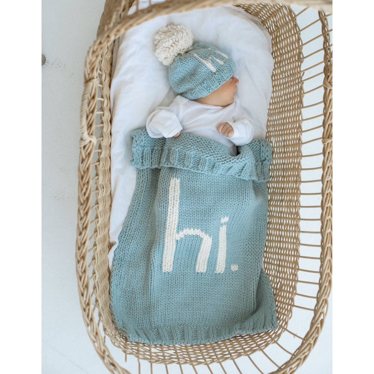 Hi. Hand Knit Baby Blanket Surf Blue