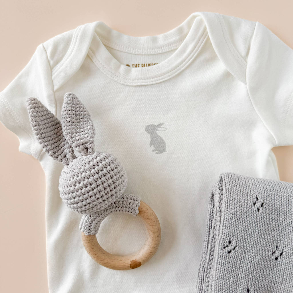 Teether Bunny Grey Cotton Rattle Baby Gift Spring