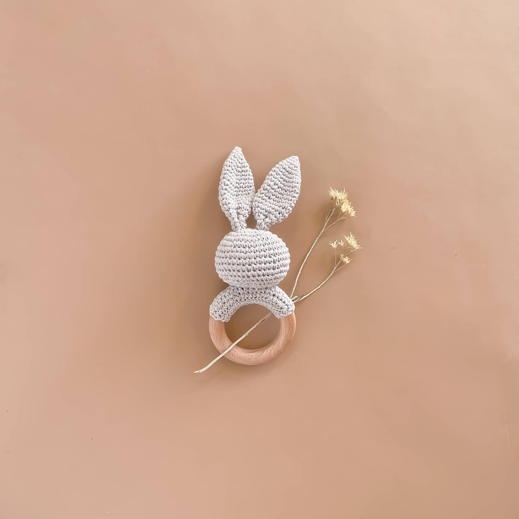 Teether Bunny Grey Cotton Rattle Baby Gift Spring