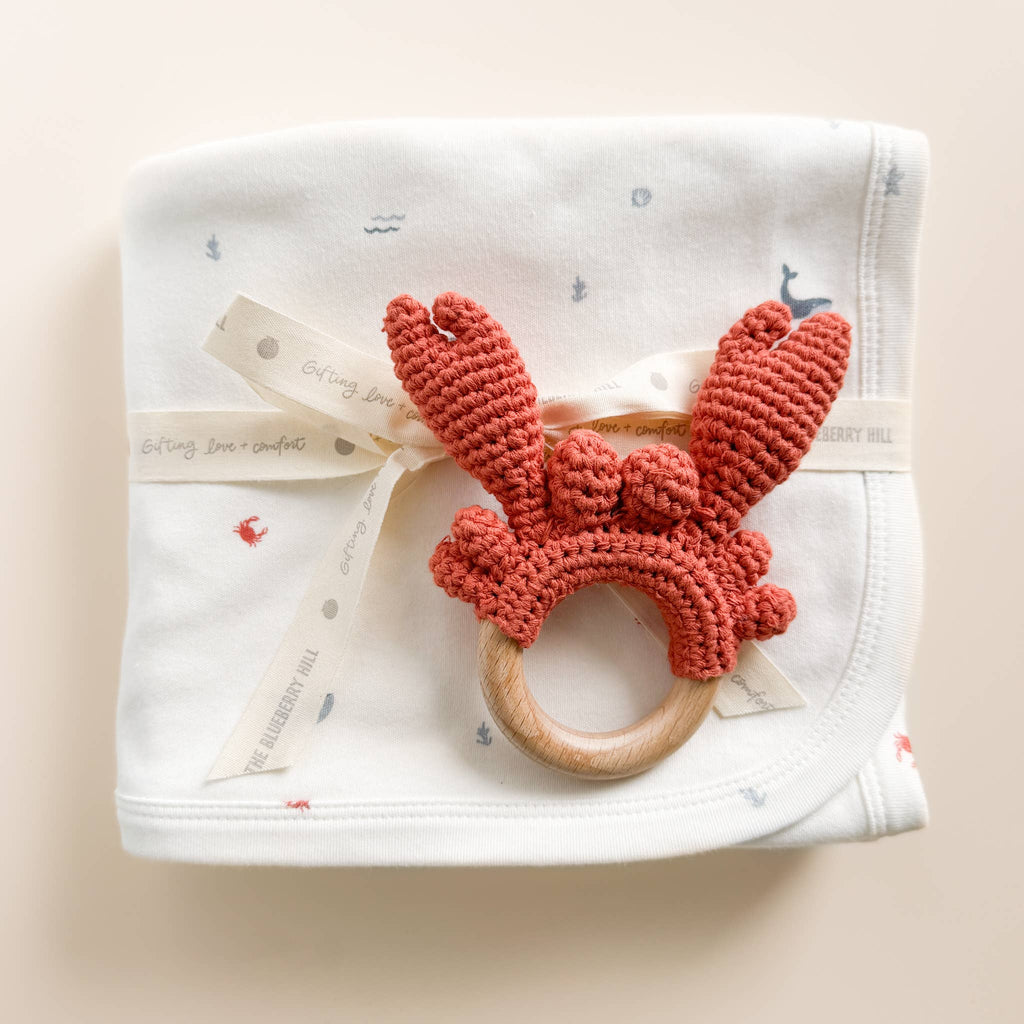 Teether Crab Crocheted Cotton Baby Gift Coastal Summer Beach