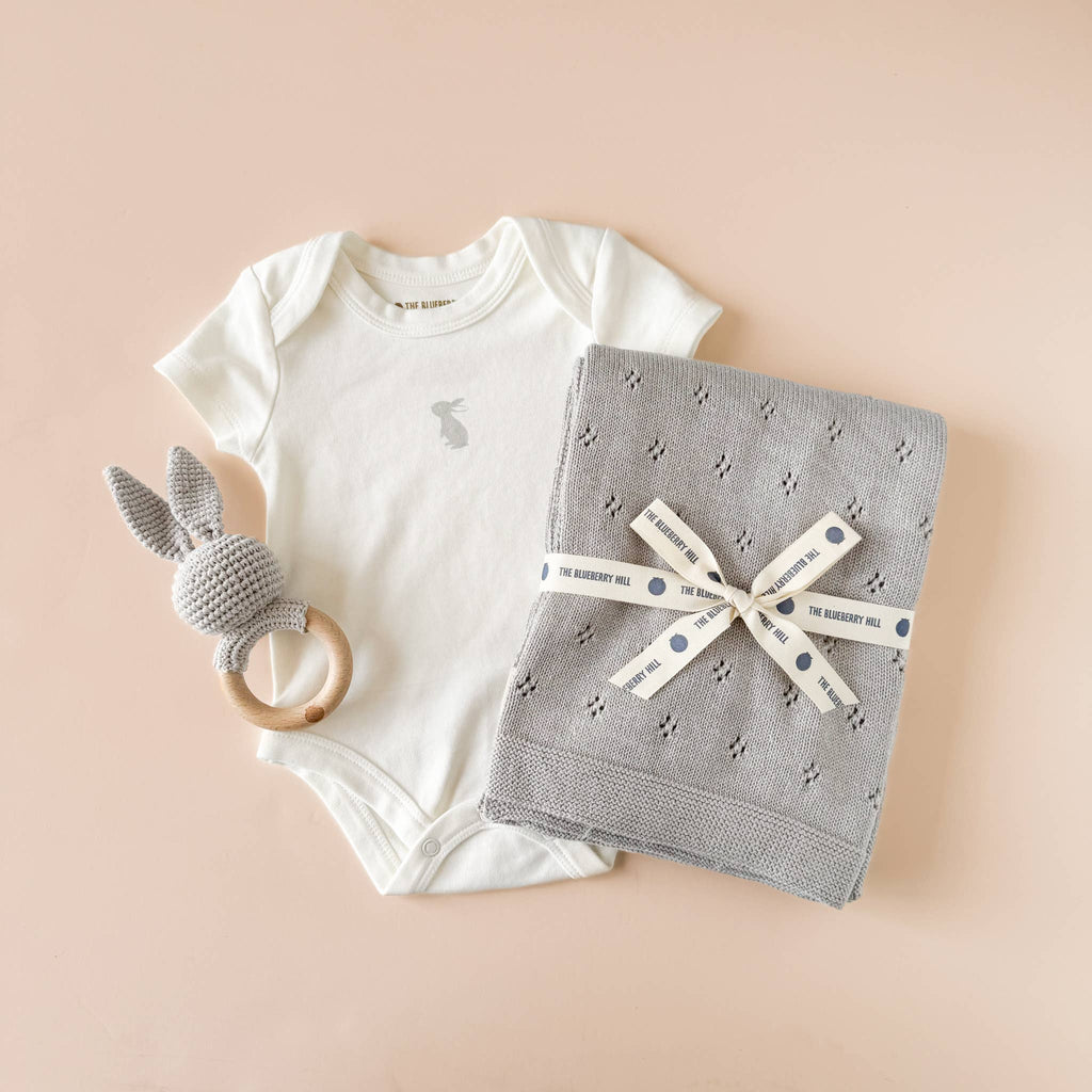 Teether Bunny Grey Cotton Rattle Baby Gift Spring