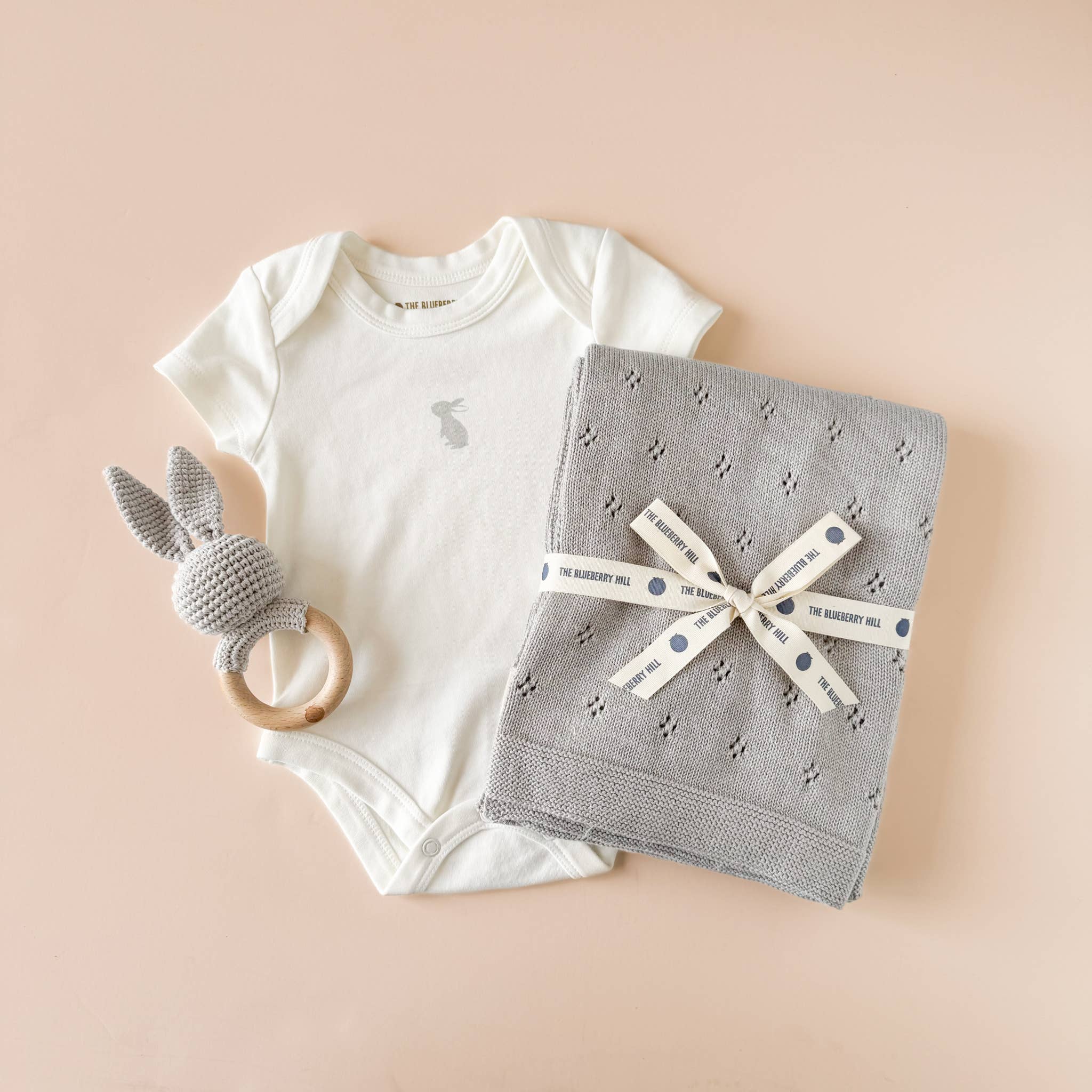 Teether Bunny Grey Cotton Rattle Baby Gift Spring